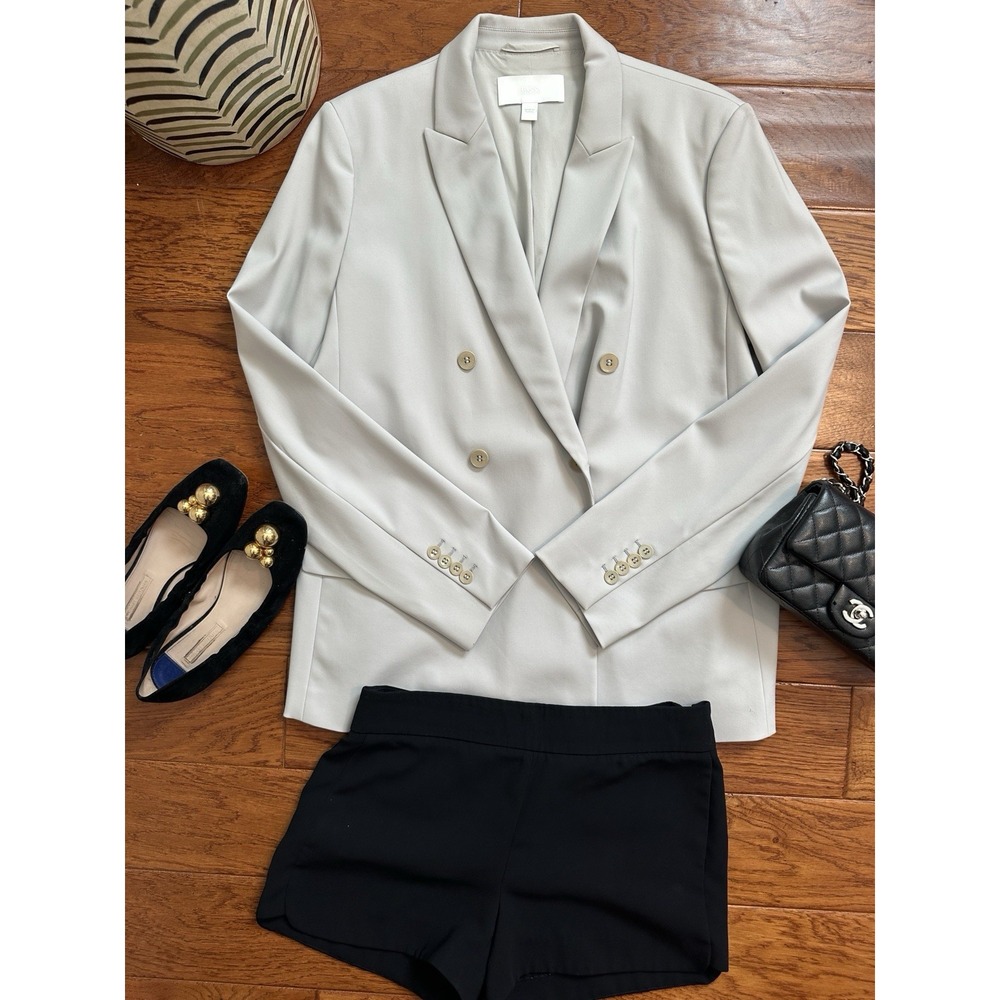 BOSS Hugo Boss Womens Virgin Wool Double Breasted Blazer Pearl Light Grey US12